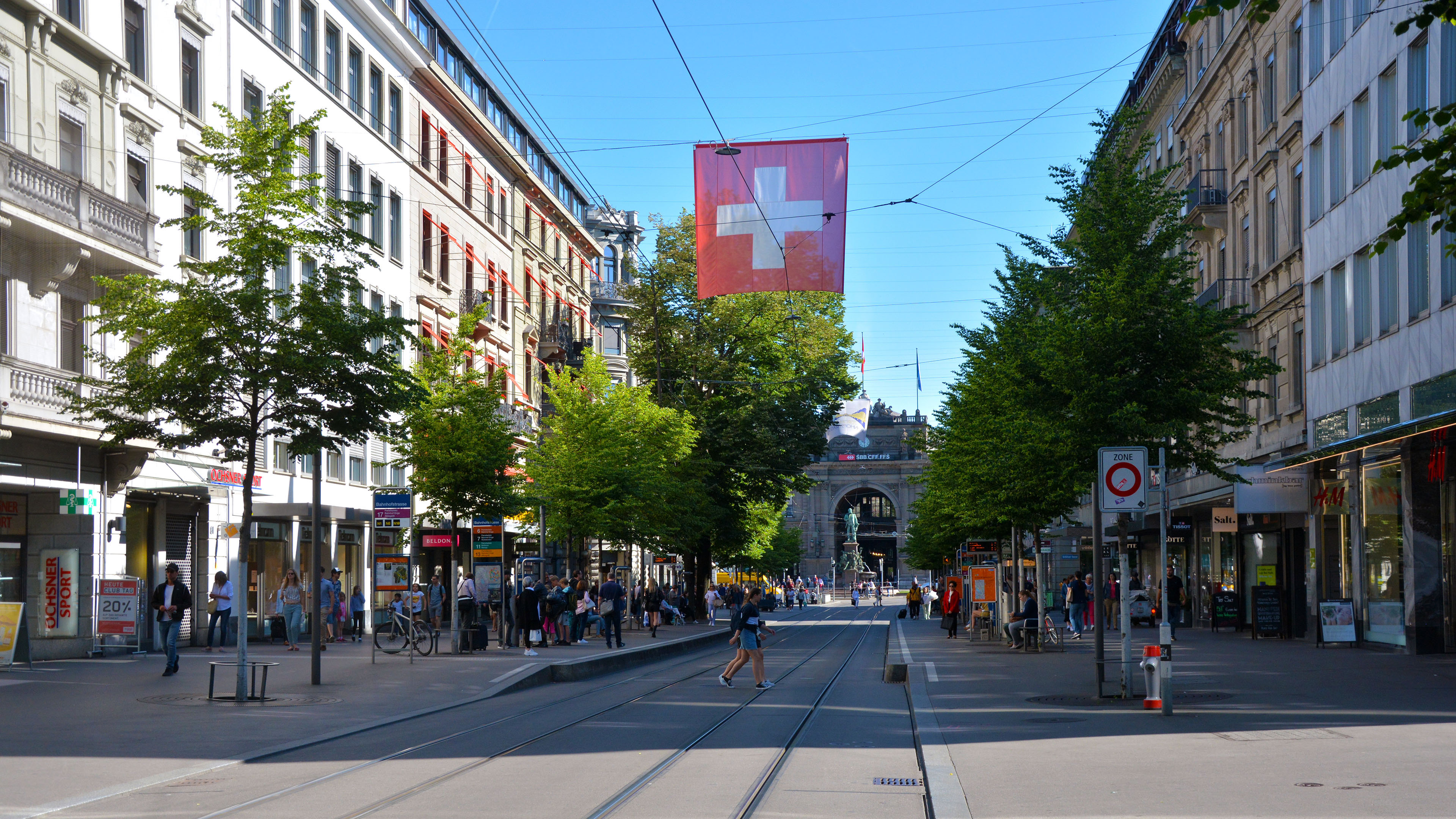 Bahnhofstrasse with Swiss flag