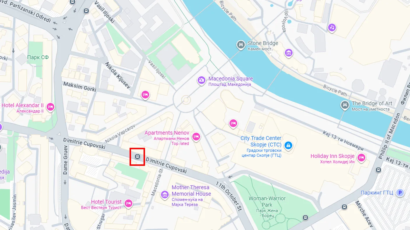 Location of the Bus Stop for Line 25 to Vodno Mountain and Millenium Cross in Skopje