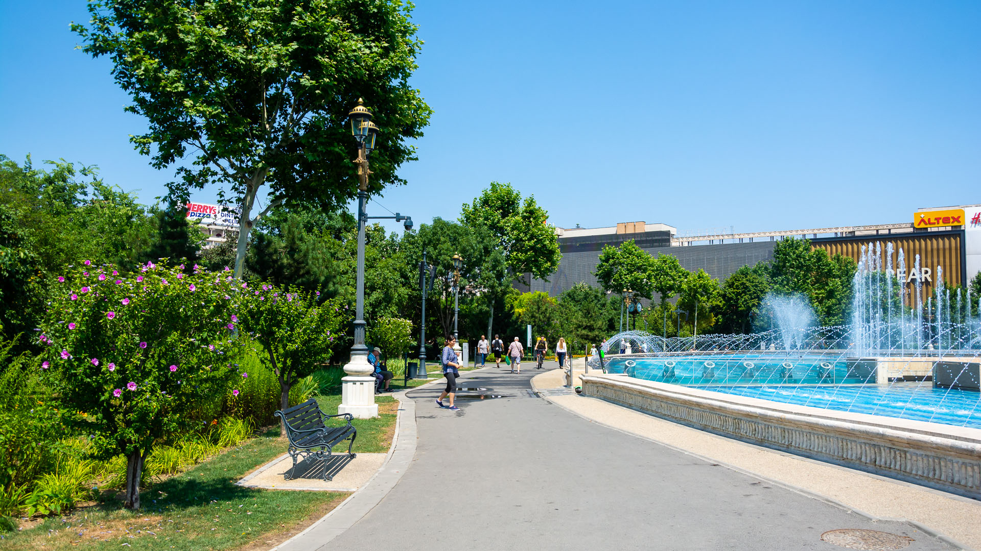 Walking path and fountains